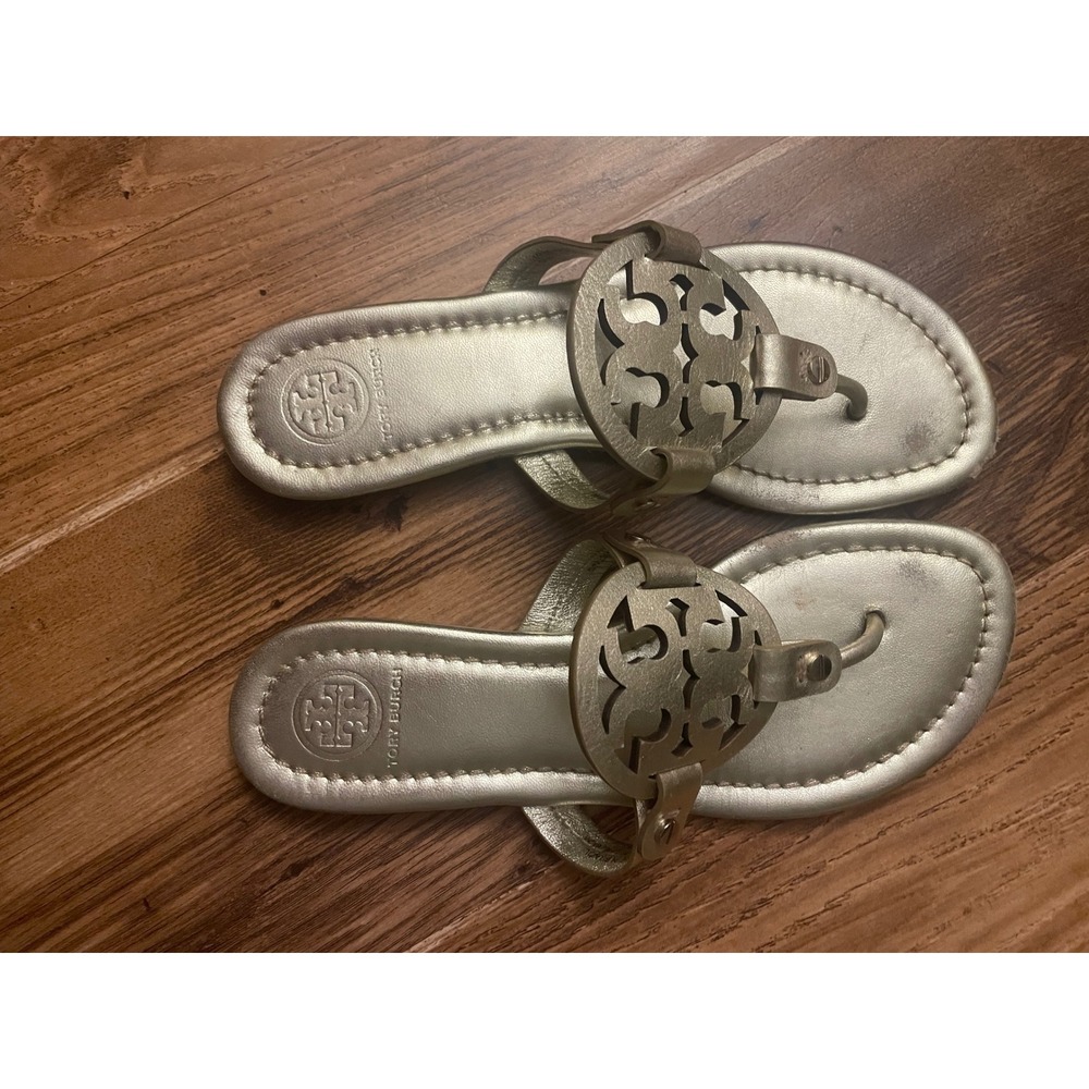 Tory Burch Miller Metallic Gold Leather Thong Logo Sandals Size 6.5M